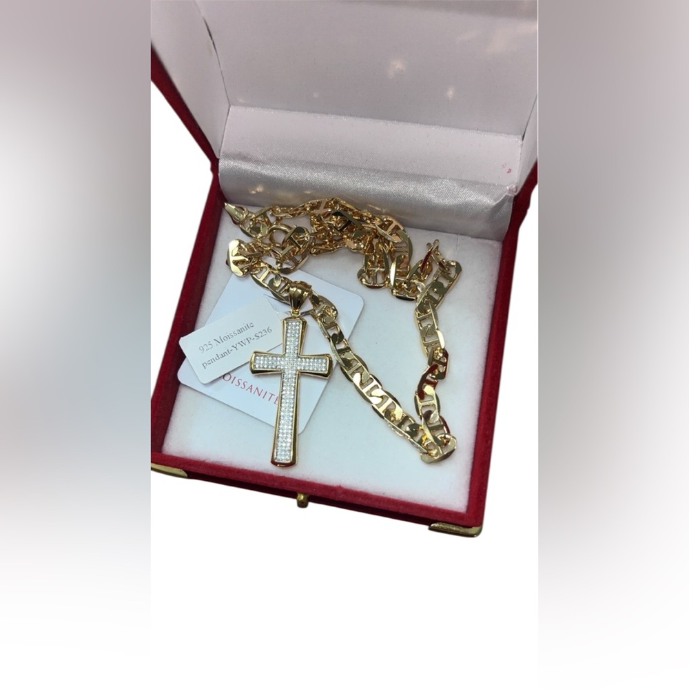 Gold Plated Moissanite Cross Pendant with Mariner Chain